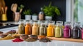 Spices and herbs in glass bottles on white table in modern kitchen