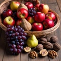 This image displays a rustic arrangement of autumn fruits and nuts, featuring red apples