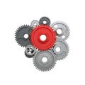 Interlocking gears with a central red gear in a mechanical assembly arrangement Royalty Free Stock Photo
