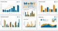The image displays a set of seven data visualizations. These include bar graphs, line Royalty Free Stock Photo