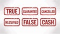 Six Red Rubber Stamp Labels Including True, Guarantee, Cancelled, Received, False, and Cash Royalty Free Stock Photo
