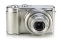 Sleek Silver Compact Digital Camera with Retractable Lens and Flash on White Background compact camera Royalty Free Stock Photo