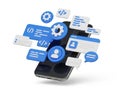 Modern smartphone showcasing various app development and coding elements isolated on white background Royalty Free Stock Photo