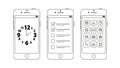 Wireframe designs of a mobile app showing clock, checklist, and settings interface screens Royalty Free Stock Photo