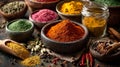 Vibrant array of spices showcased in rustic wooden bowls and a glass jar. Royalty Free Stock Photo