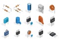 Assorted electronic components and passive circuit elements in isometric view Royalty Free Stock Photo