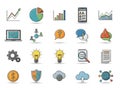 Collection of icons representing business analytics, technology, and productivity concepts isolated on white background Royalty Free Stock Photo