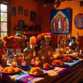 A vibrant and colorful altar setup for the Day of the Dead. Royalty Free Stock Photo