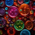 A vibrant and colorful collection of microorganisms cultures in petri dishes. Royalty Free Stock Photo