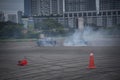 distance scene of amateur driver practicing car drifting. Royalty Free Stock Photo