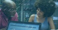 Image of diverse businesspeople in office and binary coding Royalty Free Stock Photo