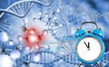 Image of dna chain on biotechnological background and a clock with particles decaying on one side. Gene mutation