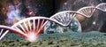 image of a DNA helix with a problem area marked in red against the backdrop of a cosmic landscap