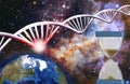 image of a DNA helix with a problem area marked in red against the backdrop of a cosmic landscap