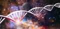 image of a DNA helix with a problem area marked in red against the backdrop of a cosmic landscap