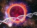 image of a DNA helix with a problem area marked in red against the backdrop of a cosmic landscap