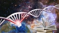 image of a DNA helix with a problem area marked in red against the backdrop of a cosmic landscap