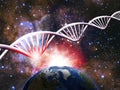 image of a DNA helix with a problem area marked in red against the backdrop of a cosmic landscap