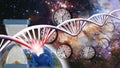 image of a DNA helix with a problem area marked in red against the backdrop of a cosmic landscap