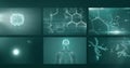 Image of dna helix rotating over digital screens with medical structures