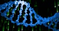 Image of dna strand, binary coding and data processing over black background