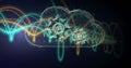 Image of dna strand, cogs, cloud, light trails and data processing over dark background Royalty Free Stock Photo