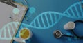 Image of dna strand and data processing over pills and stethoscope Royalty Free Stock Photo