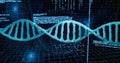 Image of dna strand, data processing over scope scanning on black background