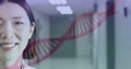 Image of dna strand over asian female doctor