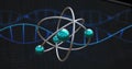 Image of dna strand and scientific data processing over atom Royalty Free Stock Photo