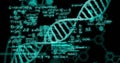 Image of dna strand and scientific data processing over black background Royalty Free Stock Photo