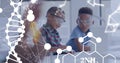 Image of dna strand and scientific data processing over diverse children in laboratory Royalty Free Stock Photo