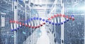 Image of dna strand spinning and data processing over empty office Royalty Free Stock Photo
