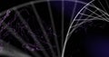 Image of dna strand spinning over purple glowing mesh