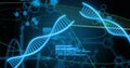 Image of dna strands and scientific data processing on black background Royalty Free Stock Photo