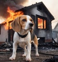 Image of dog and fire, Beagle, a breed of dog, rescuer, fireman, natural disaster, animals. Generative Ai Royalty Free Stock Photo
