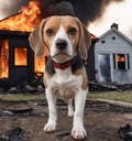 Image of dog and fire, Beagle, a breed of dog, rescuer, fireman, natural disaster, animals. Generative Ai Royalty Free Stock Photo