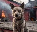 Image of dog and fire,Hmong, a breed of dog, rescuer, fireman, natural disaster, animals. Generative Ai