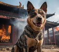 Image of dog and fire,Hmong, a breed of dog, rescuer, fireman, natural disaster, animals. Generative Ai