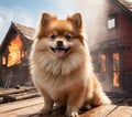 Image of dog and fire, Pomeranian, rescuer, fireman, natural disaster, animals. Generative Ai