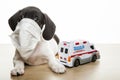 Image of dog mask toy car white background Royalty Free Stock Photo