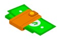Image of dollars in brown holder or wallet. Keep finances, currency, amount of money. Flat image Royalty Free Stock Photo
