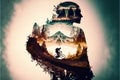 Image of double exposure silhouette biker and mountain