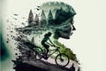 Image of double exposure silhouette biker and mountain