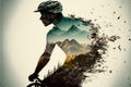 Image of double exposure silhouette biker and mountain