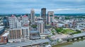 Downtown city aerial Louisville Kentucky skyscrapers showing Ohio River shoreline Royalty Free Stock Photo