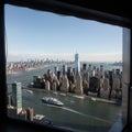 Downtown New York Lower Manhattan City Skyline Buildings from High Rise Window Beautiful Expensive Real Estate Empty room