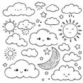 The image is a drawing of various clouds and a crescent moon Royalty Free Stock Photo