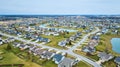 Drone aerial of suburban Midwest American neighborhood houses with ponds and housing addition