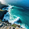 image drone top view of seascape ocean wave crashing rocky cliff with sunset at the horizon as Beautiful coastal